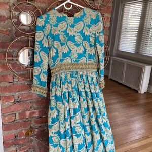 Teal Paisley Brocade Embellished Waist Maxi Gown